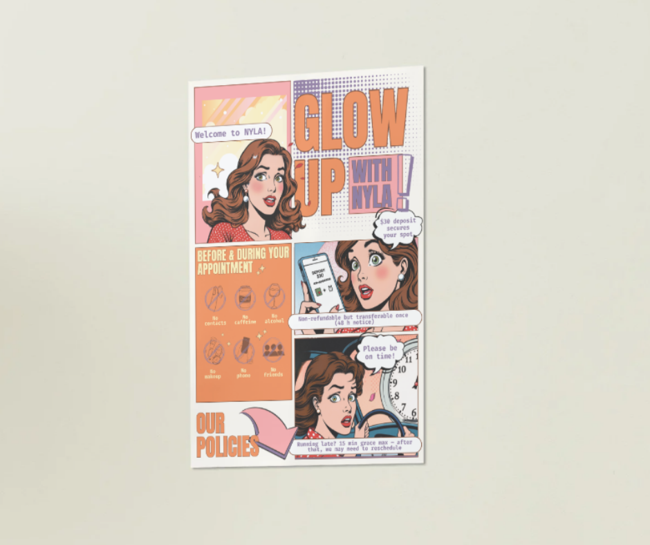 Close-up of illustrated Nyla Artistry appointment policy card